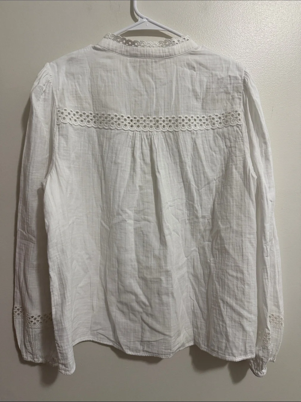 Boden White Eyelet Embroidered Long Sleeve Cotton Button Down Blouse Womens 14